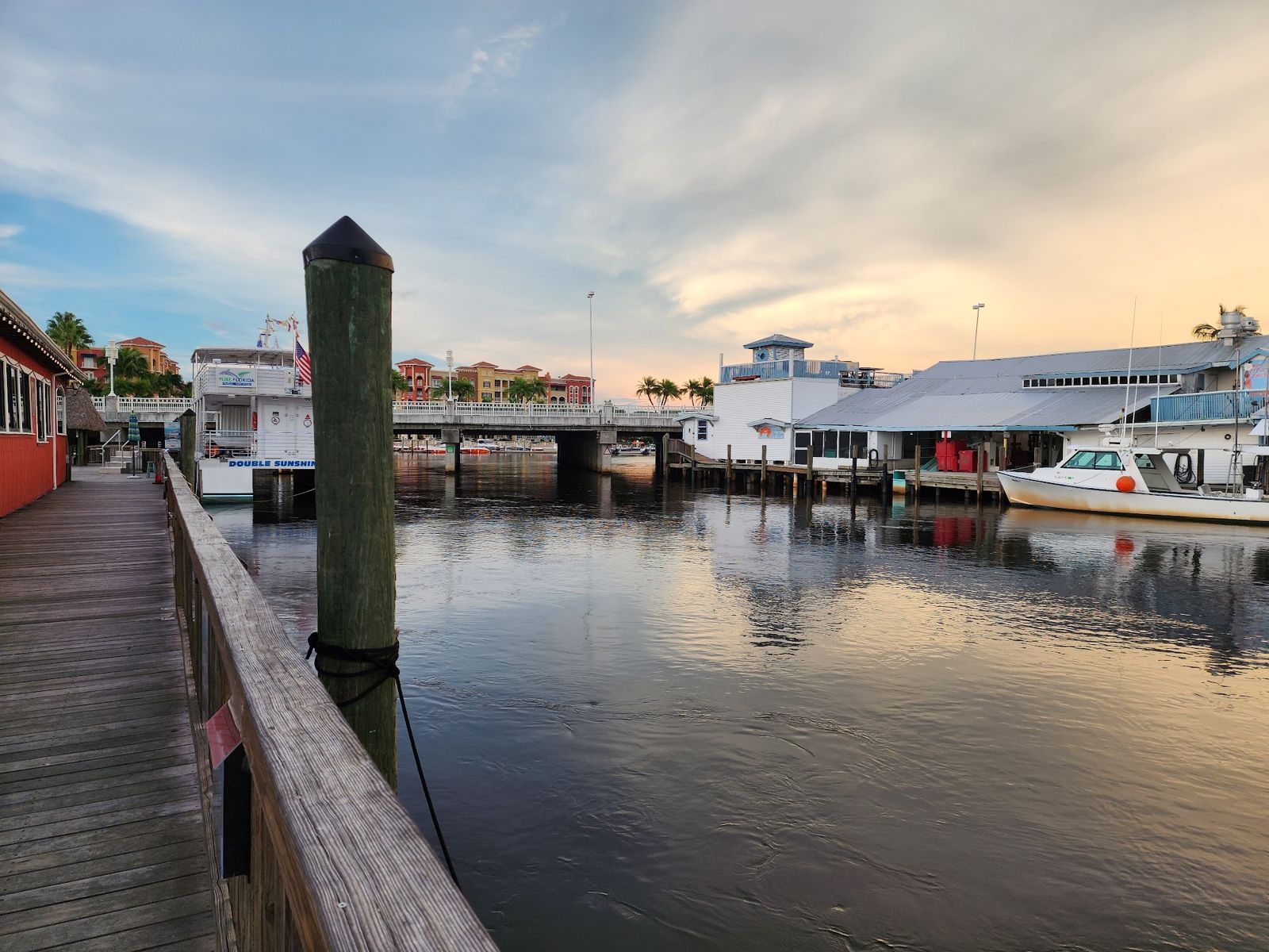 Sunset over the docks on the Gordon River beside Kelly's